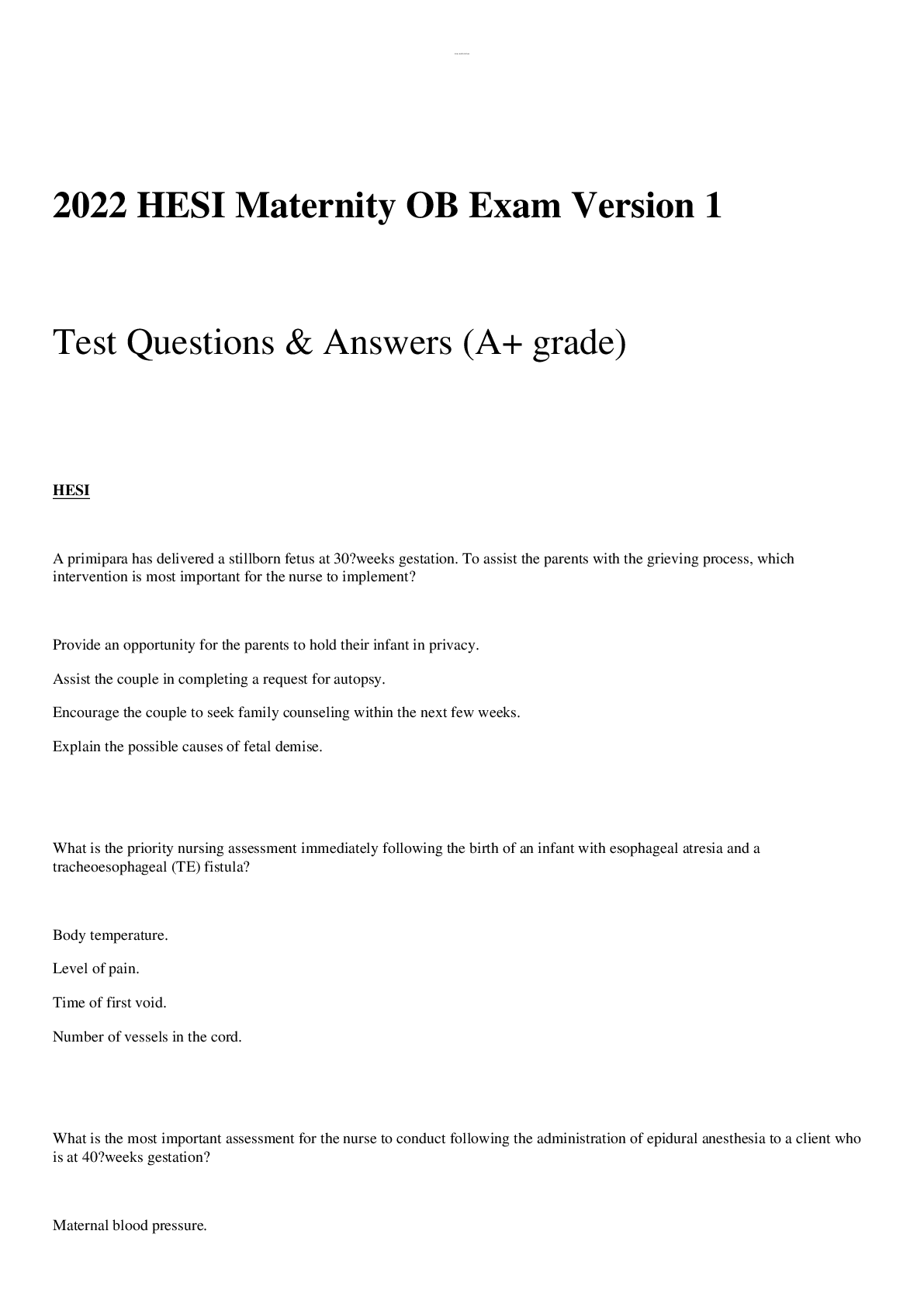 Preview image for 2022 HESI Maternity OB Exam Version 1  Test Questions & Answers!Rated A+ Answers